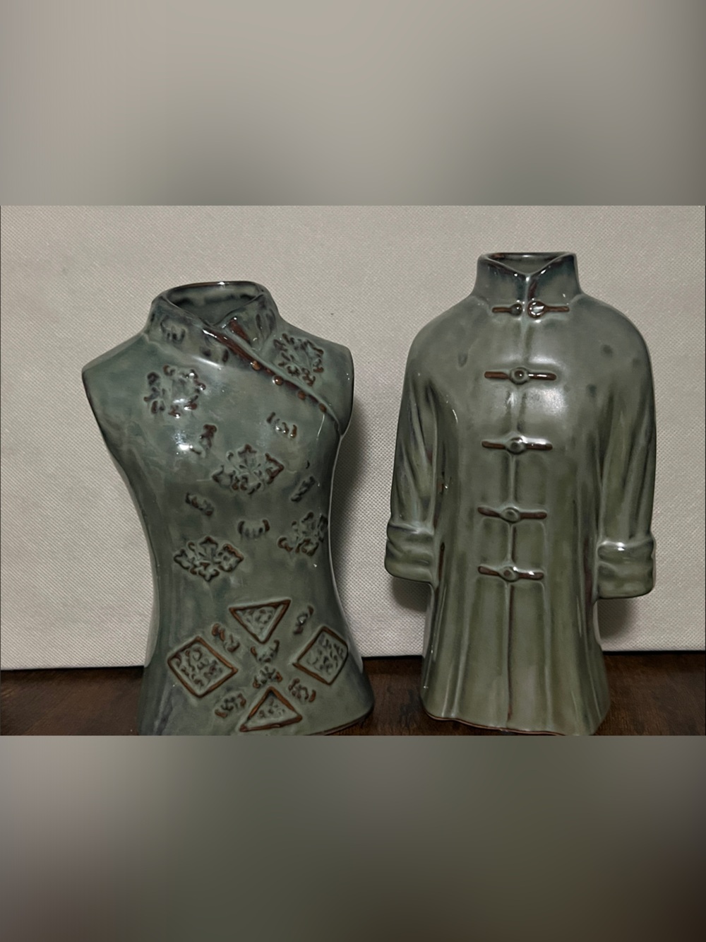 Pair of Vintage Celadon Ceramic Torso / Outfit Vases Set of 2